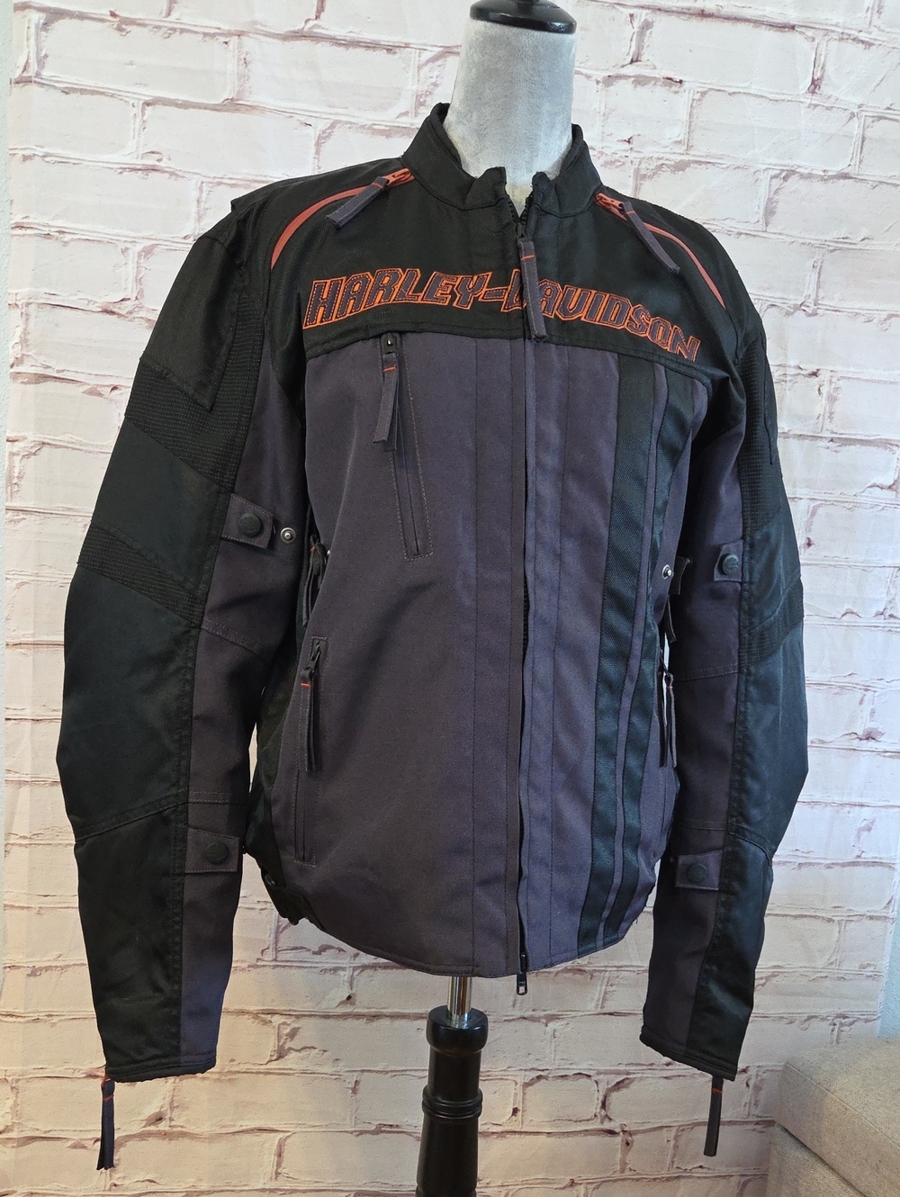 Harley-Davidson Black & Gray Textile Windbreaker Riding Jacket with Orange Logo